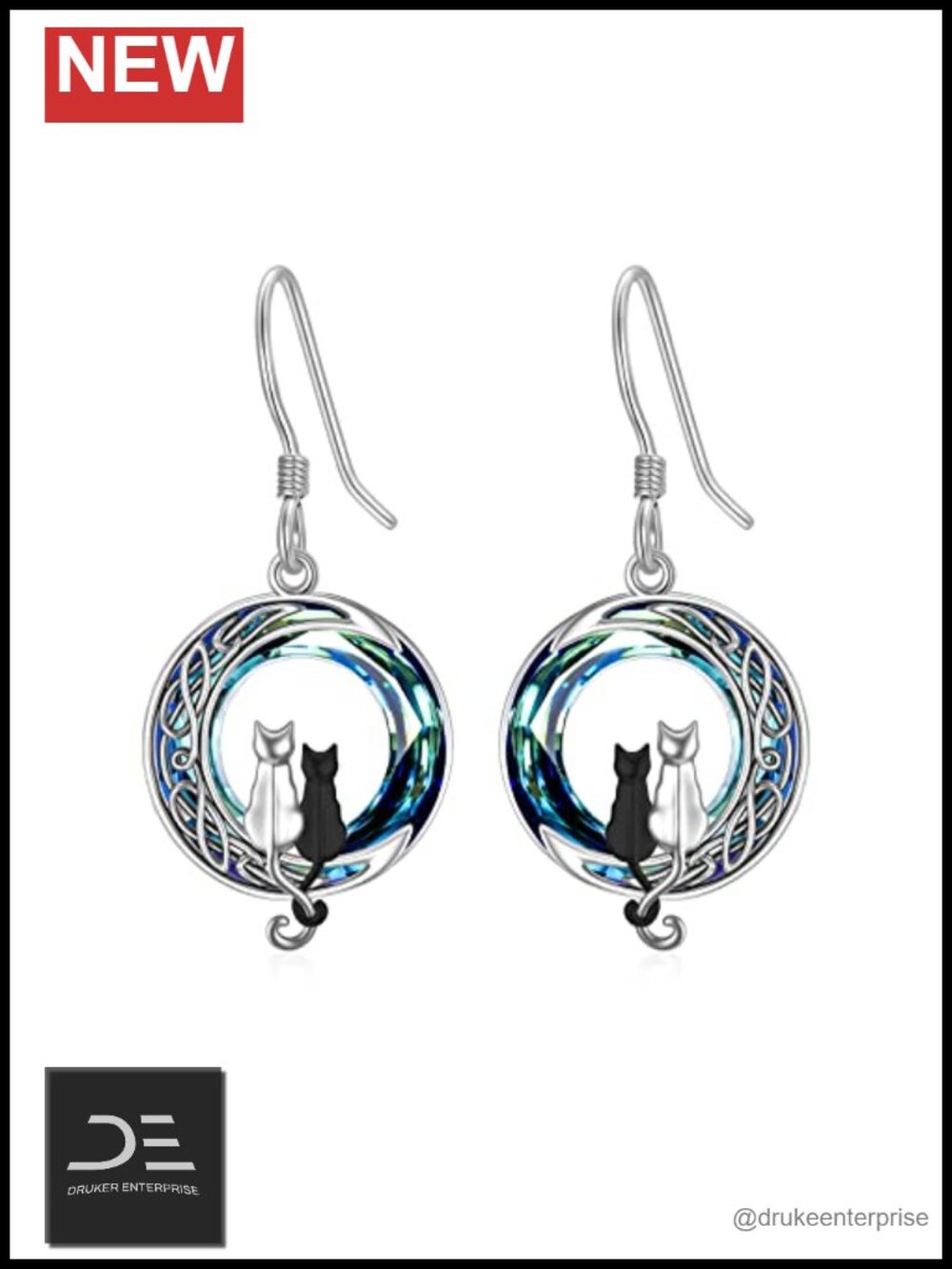 Sterling Silver Cat on Moon Dangle Earrings with Crystal Hypoallergenic Jewelry